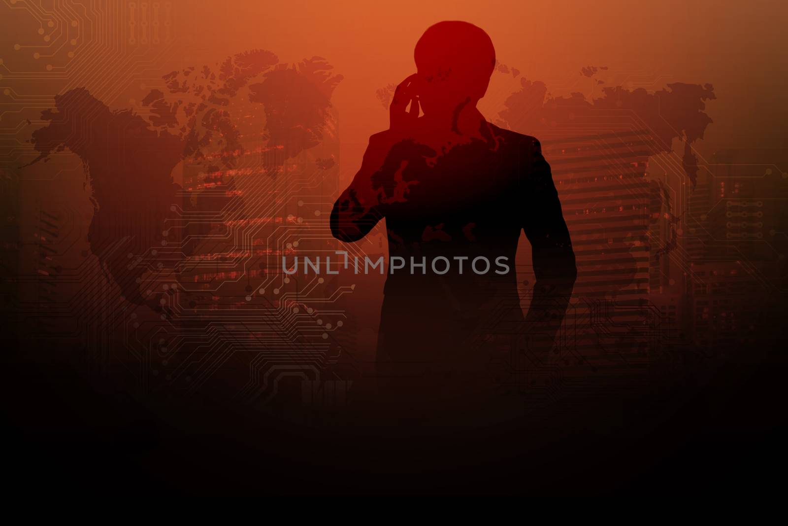 Double exposure of Technology concept, Successful Businessman using a cell phone in a Abstract Technology Backgrounds