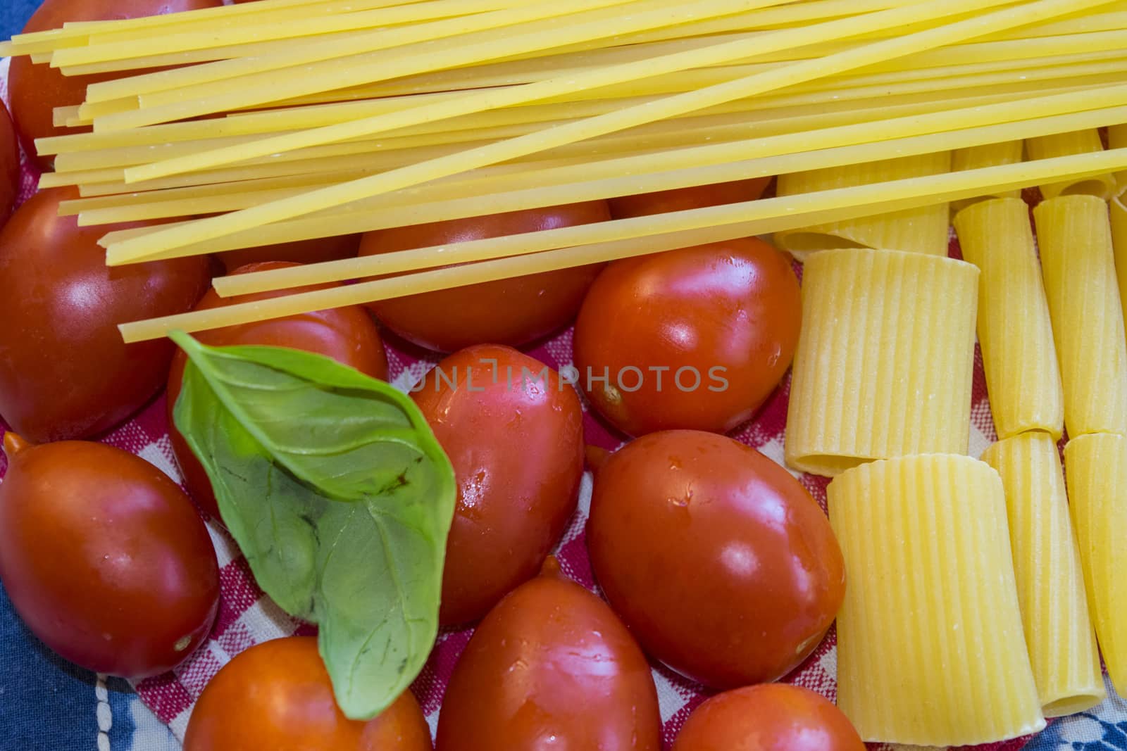 raw assorted pasta with fresh tomatoes and basil