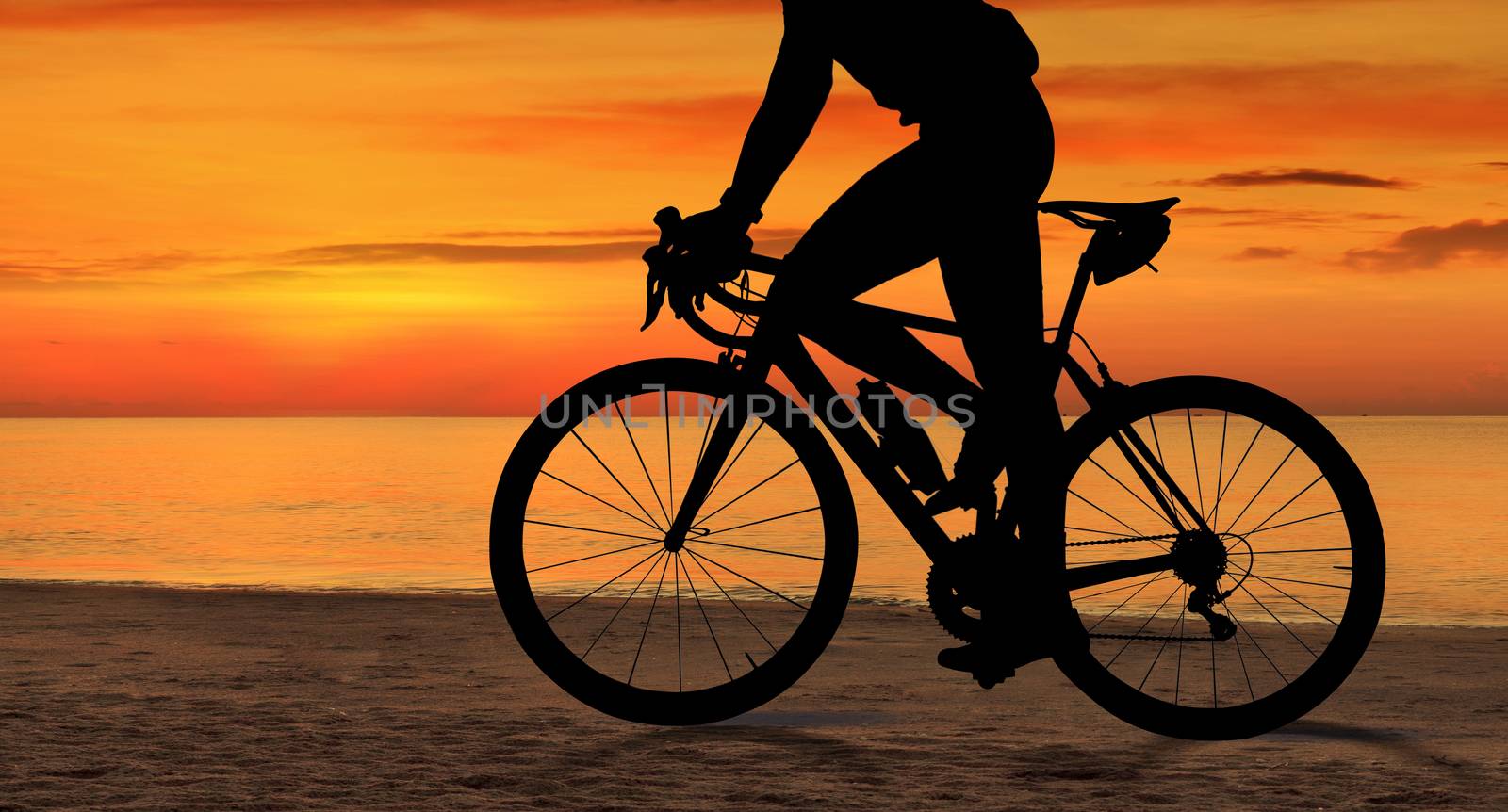 Silhouette of Man on a bicycle near the sea at sunset