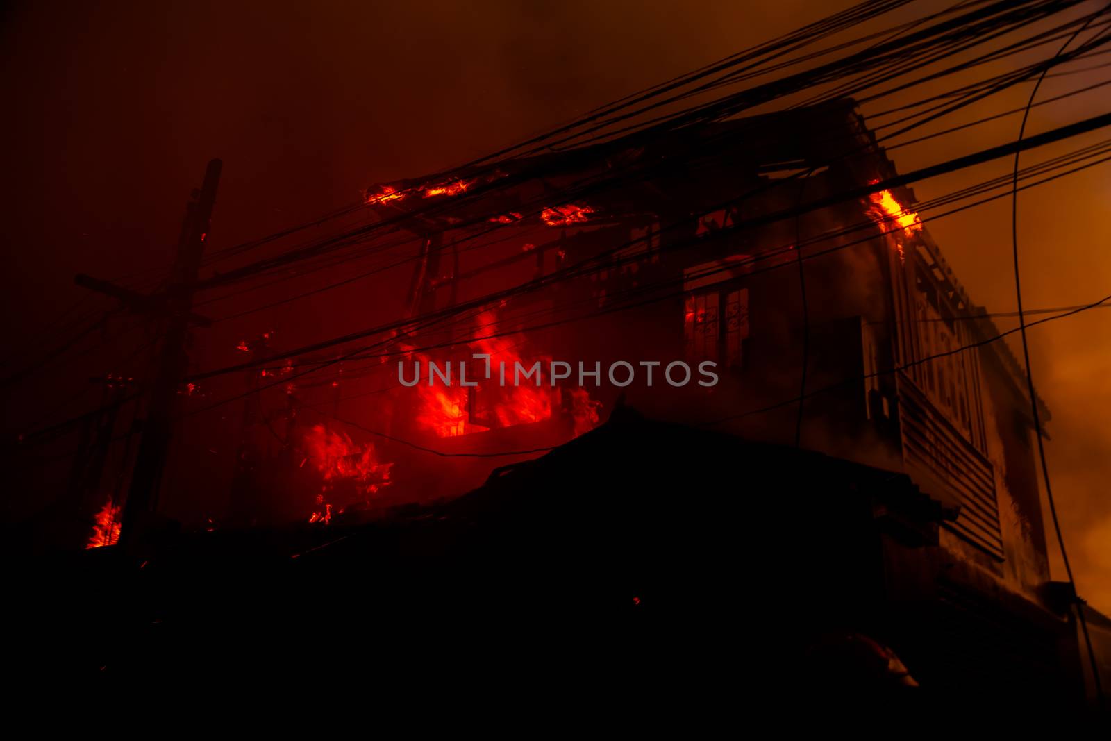 The silhouette of Burning house, House on fire