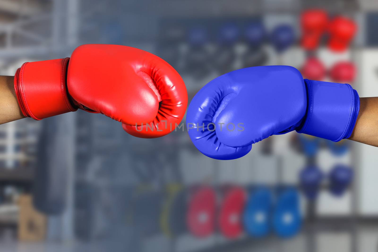 Red and Blue boxing gloves in Gym Fitness 