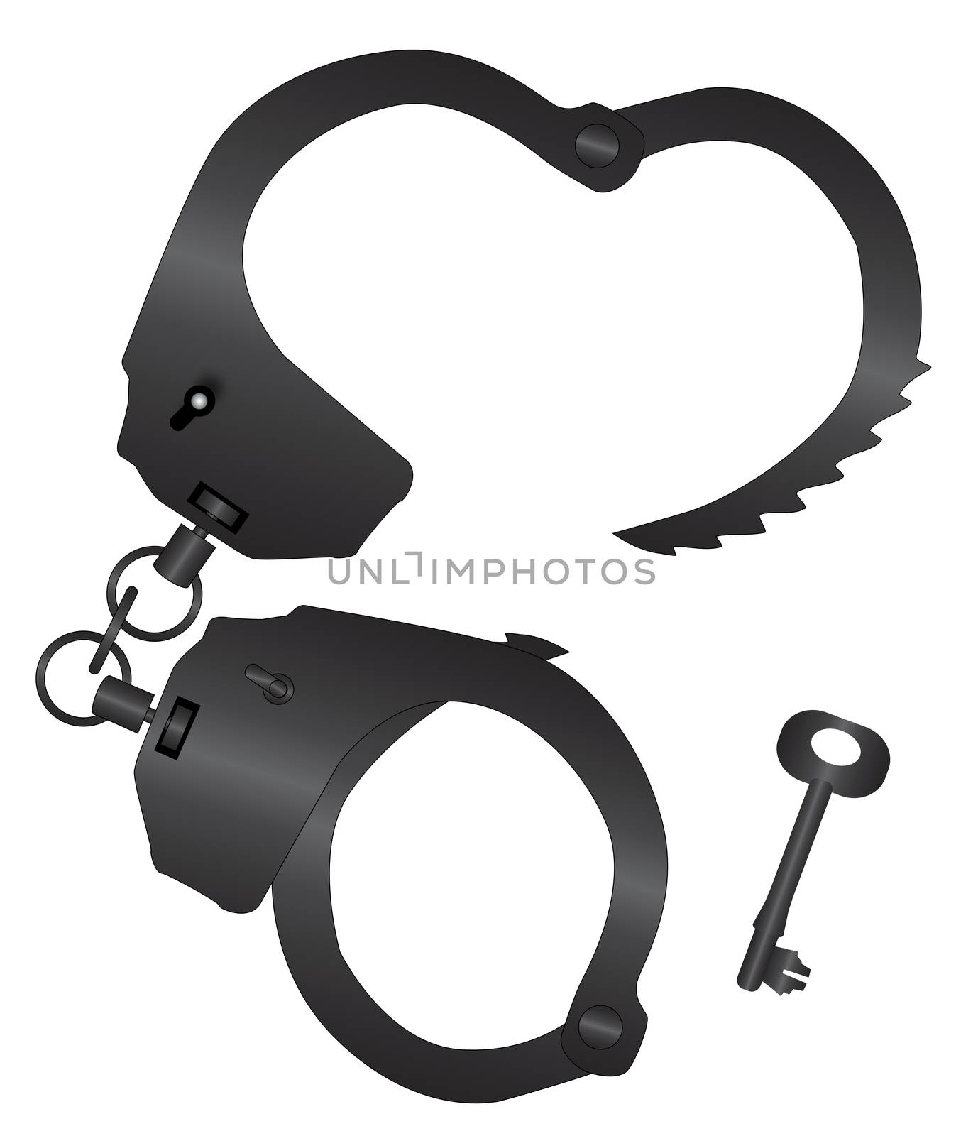 A set of metal handcuffs with a key