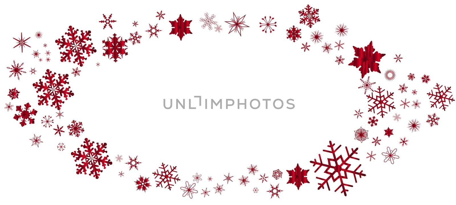 An oval of snowflakes in red over a white background