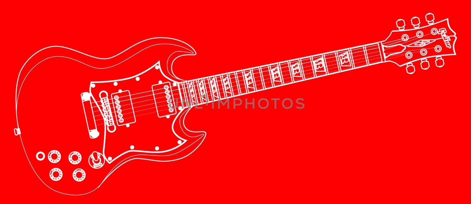 A solid body electric guitar in white outline drawing set in a red background.