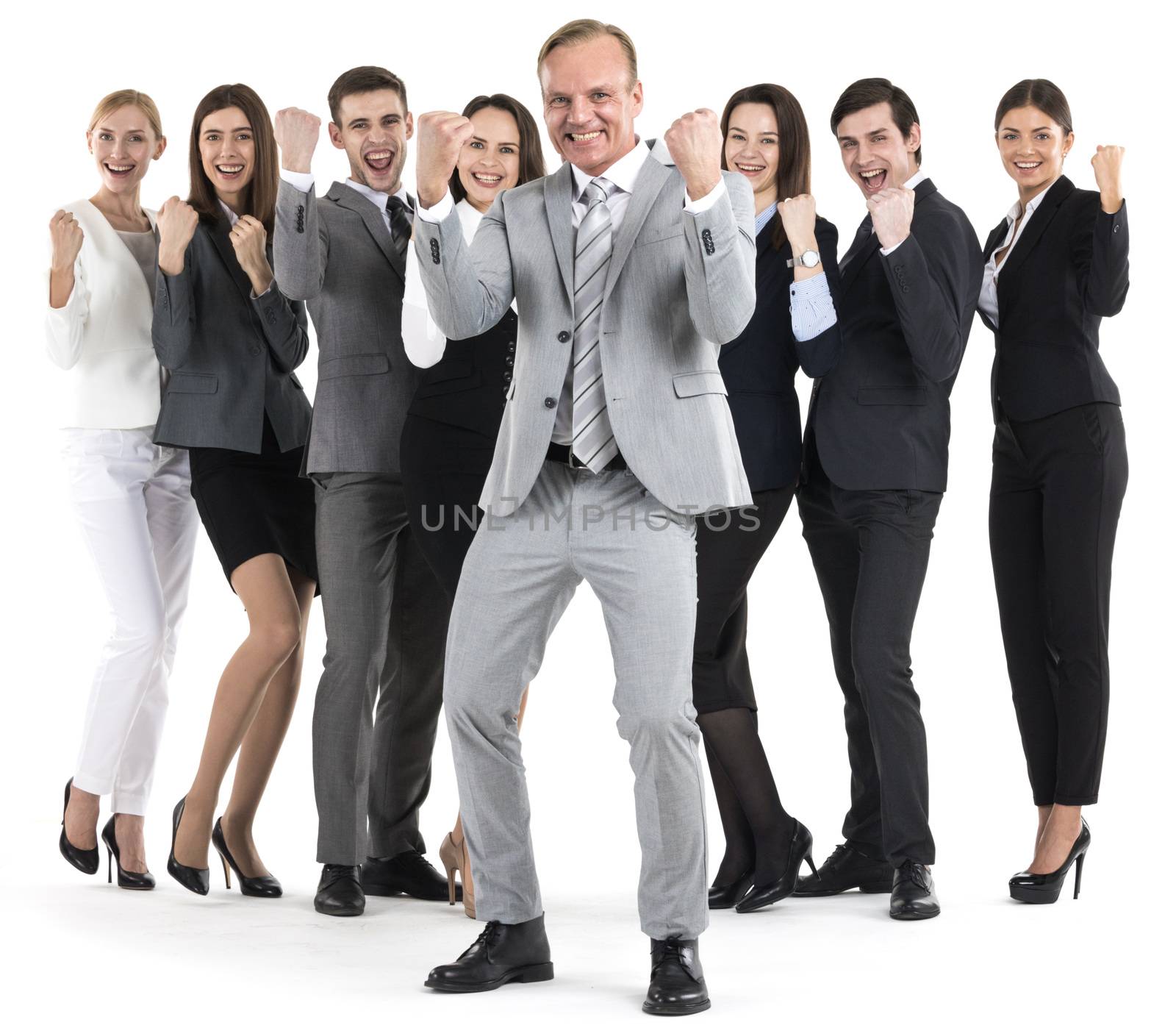 Successful excited business people group team standing together and holding fist ok yes gesture isolated over white background