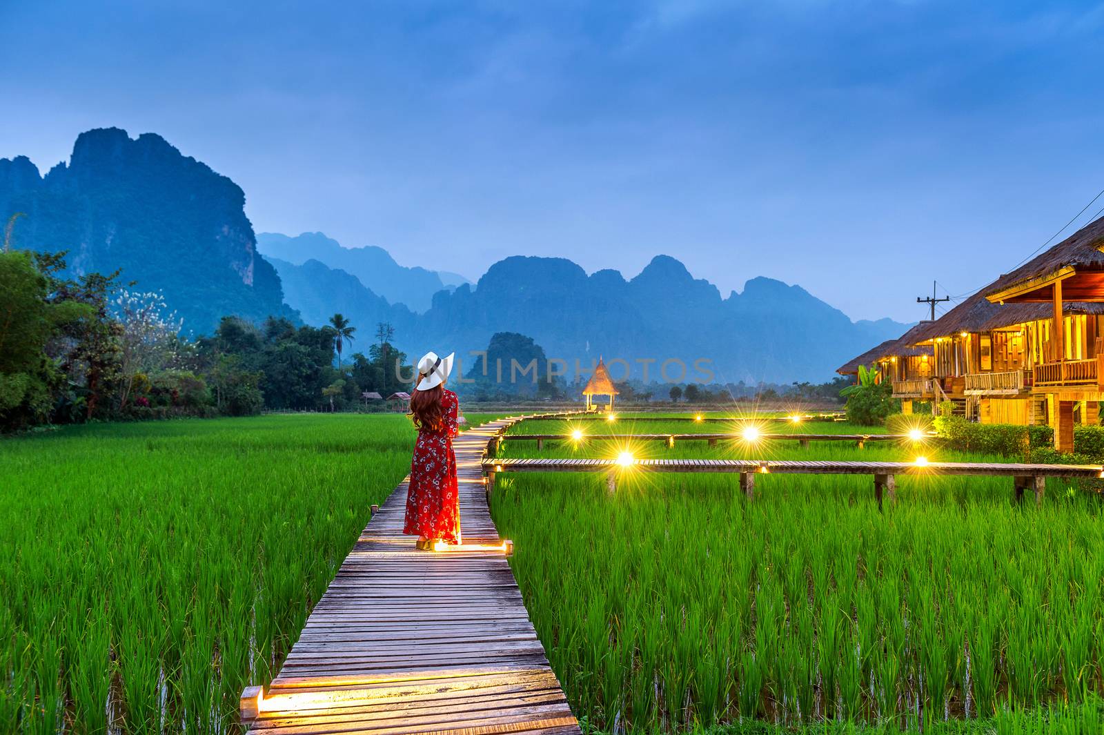 Young woman walking on wooden path with green rice field in Vang Vieng, Laos. by gutarphotoghaphy