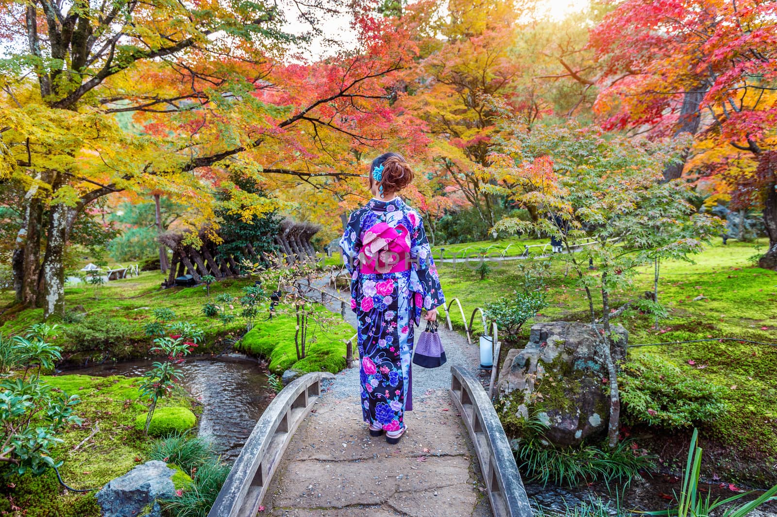 Asian woman wearing japanese traditional kimono in autumn park.  by gutarphotoghaphy