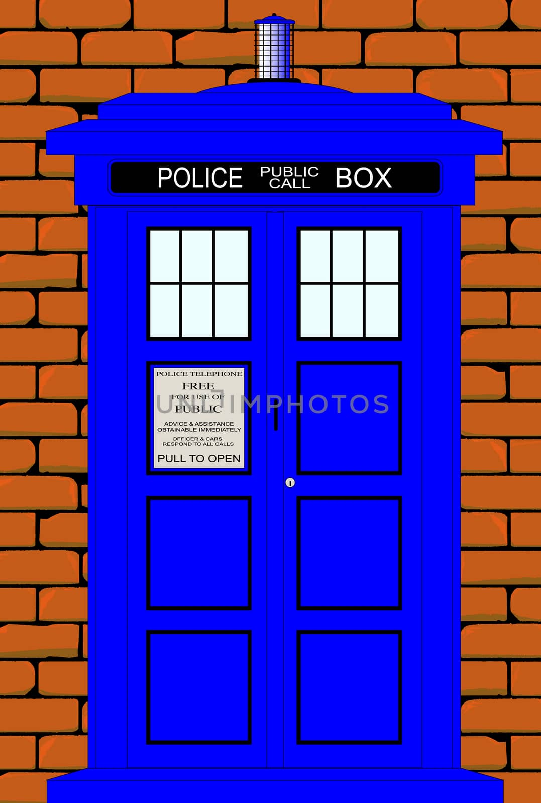 A traditional British police telephone box set against a typical old red brick wall