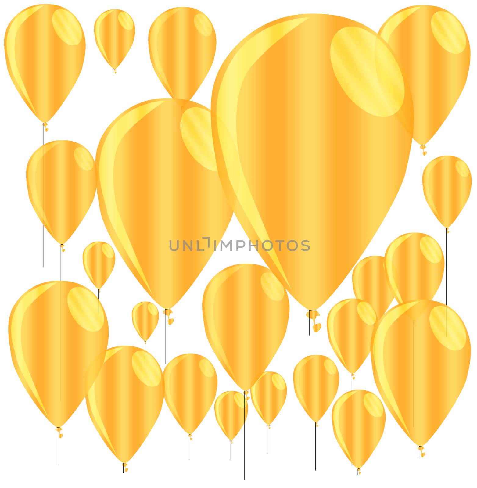 A golden collection of floating gold balloons isolated against a white background