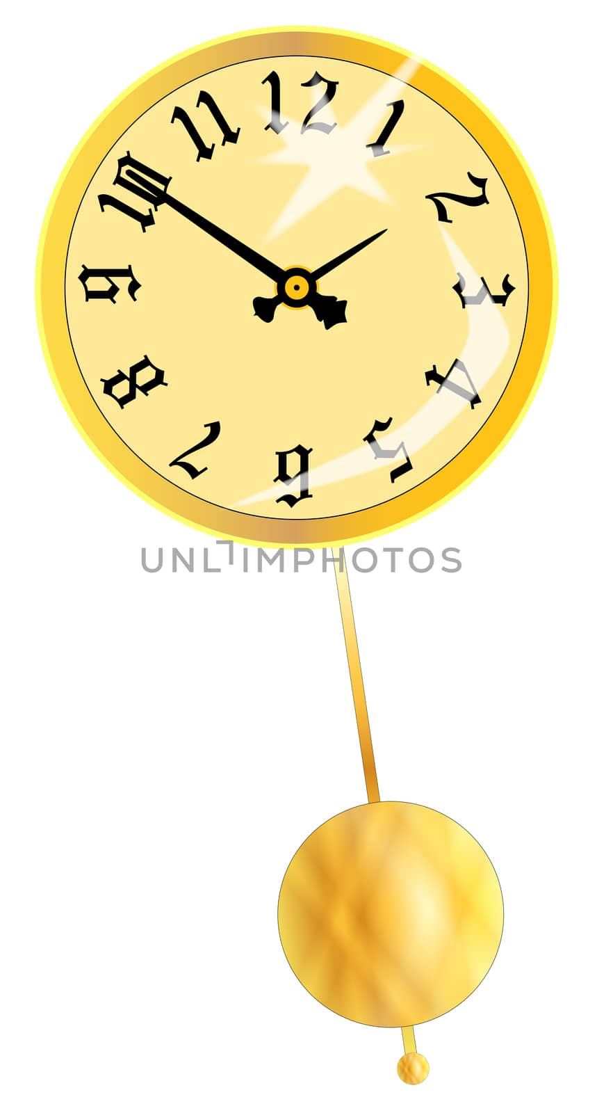 A gold clock face isolated on white with a swinging pendulum