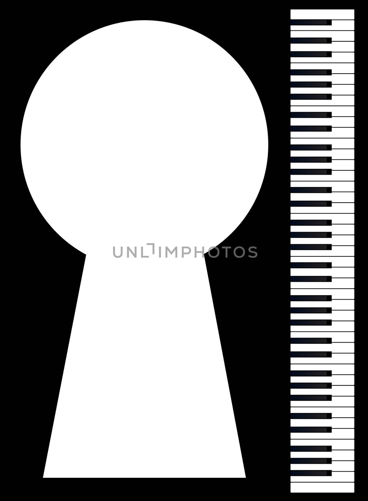 Black and white piano keys set against a black background with a large keyhole for copy