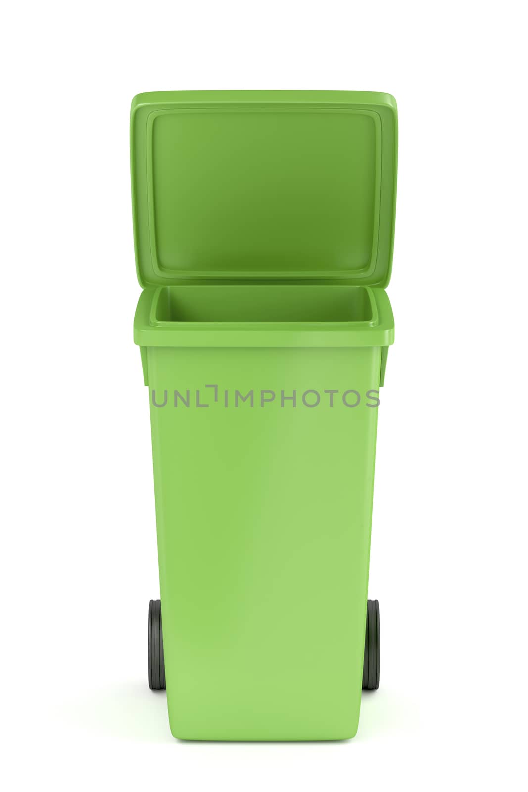 Green recycle bin on white background