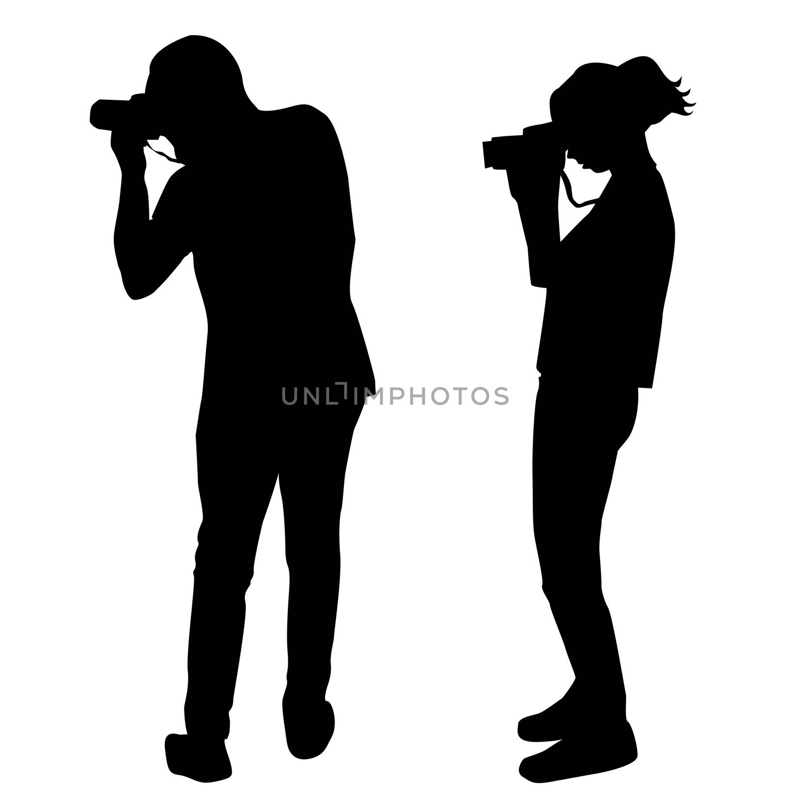 Silhouette of man and woman photographers on white background