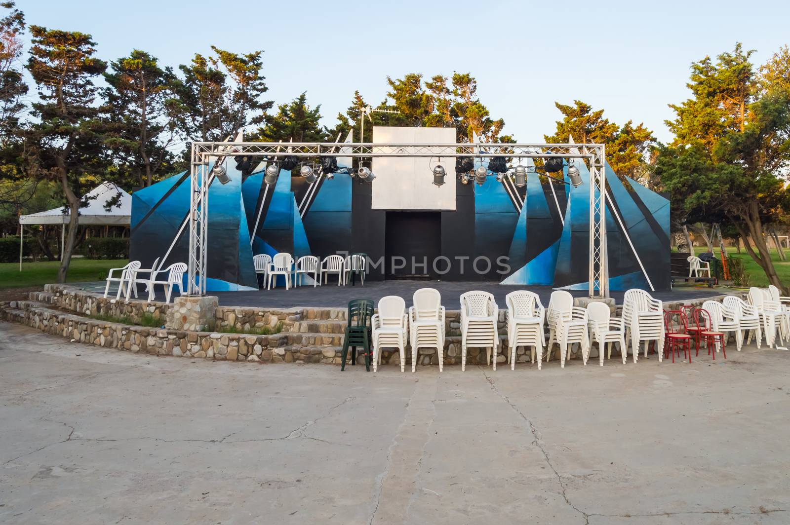 Outdoor theater podium with trees in background in northern Sicily in Italy