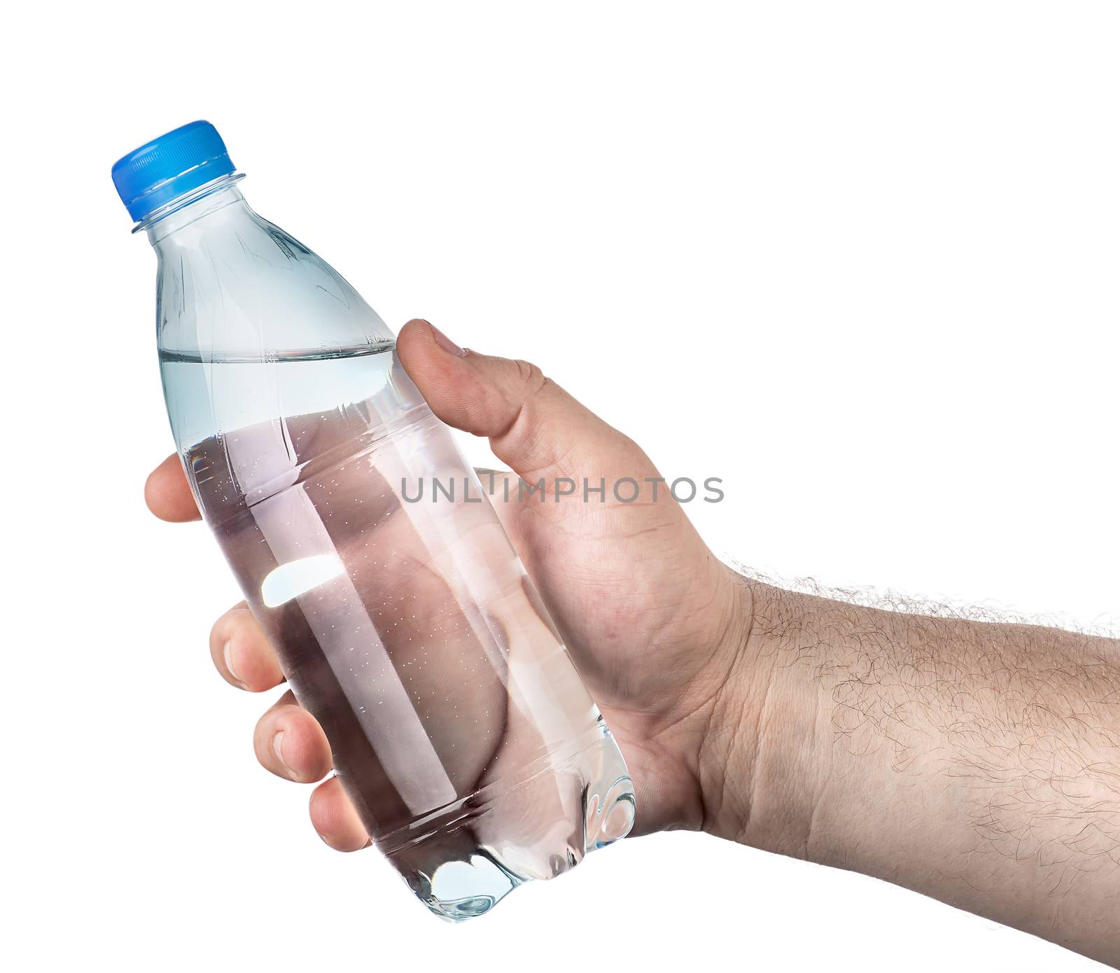 Closed plastic water bottle in hand by Cipariss