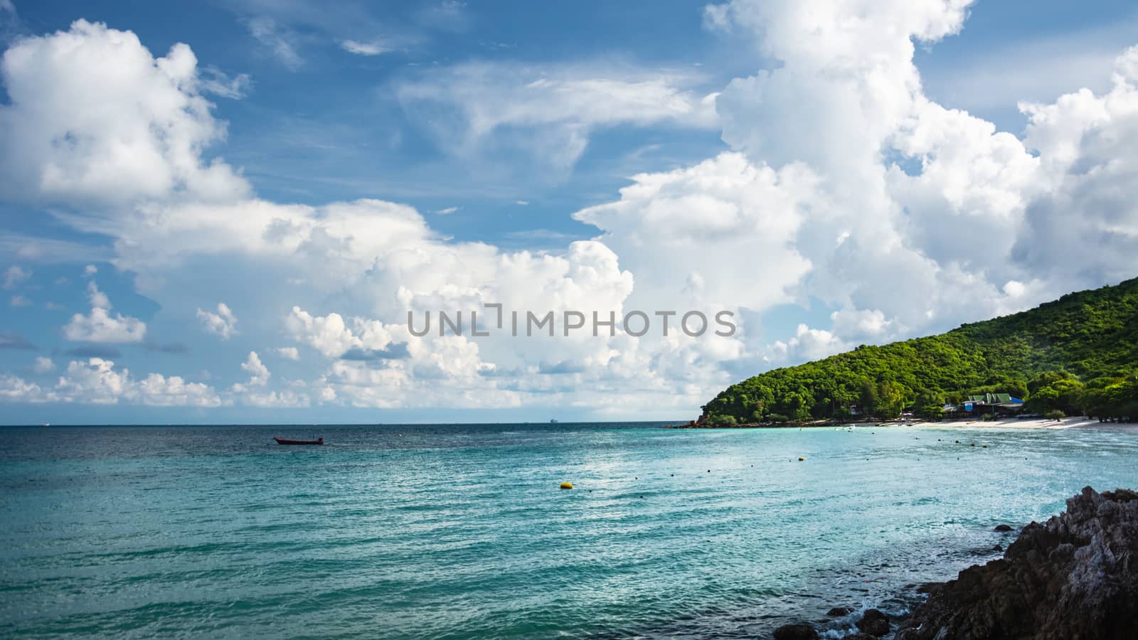Panorama Beautiful Green Mountain And Blue Sea, Cloud And Beach, Summer Travel In Thailand