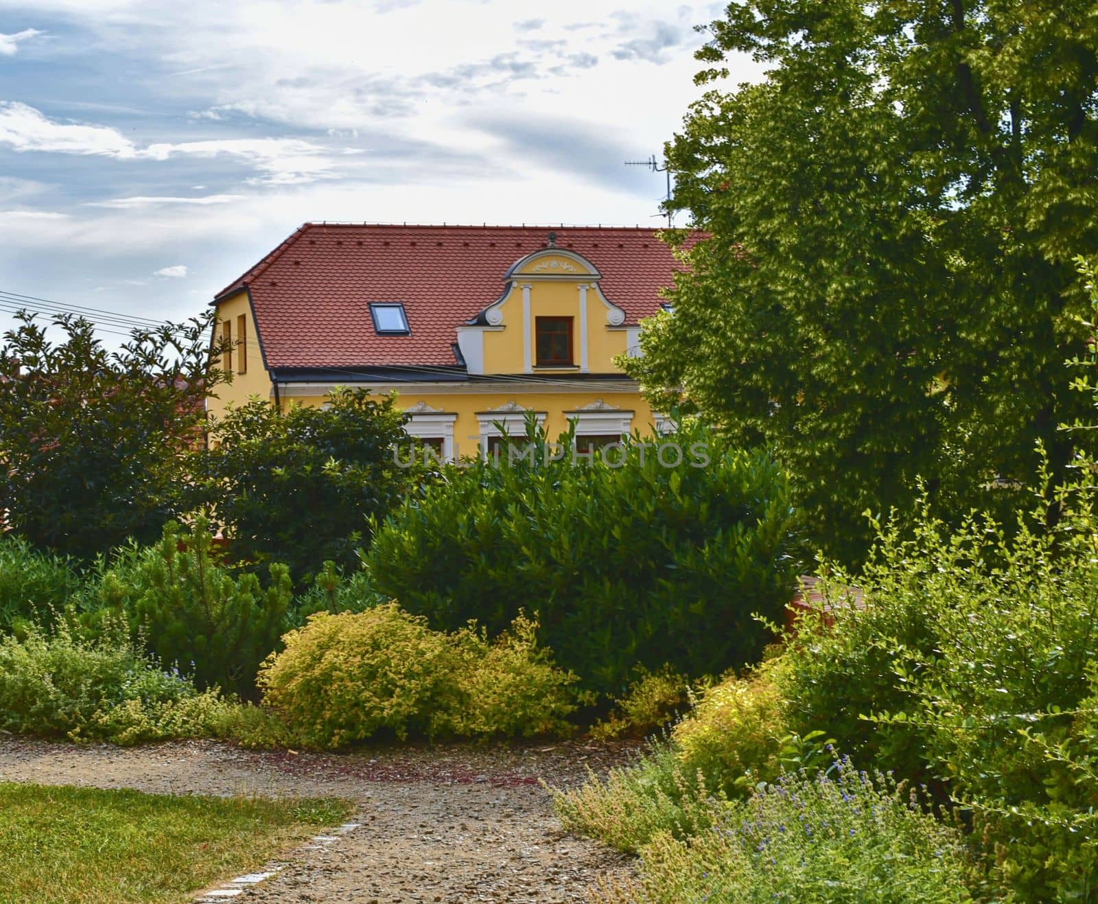 Urban historic background. Urban romantic park. Soft colors. Flowers and building on background. Selective focus. by roman_nerud