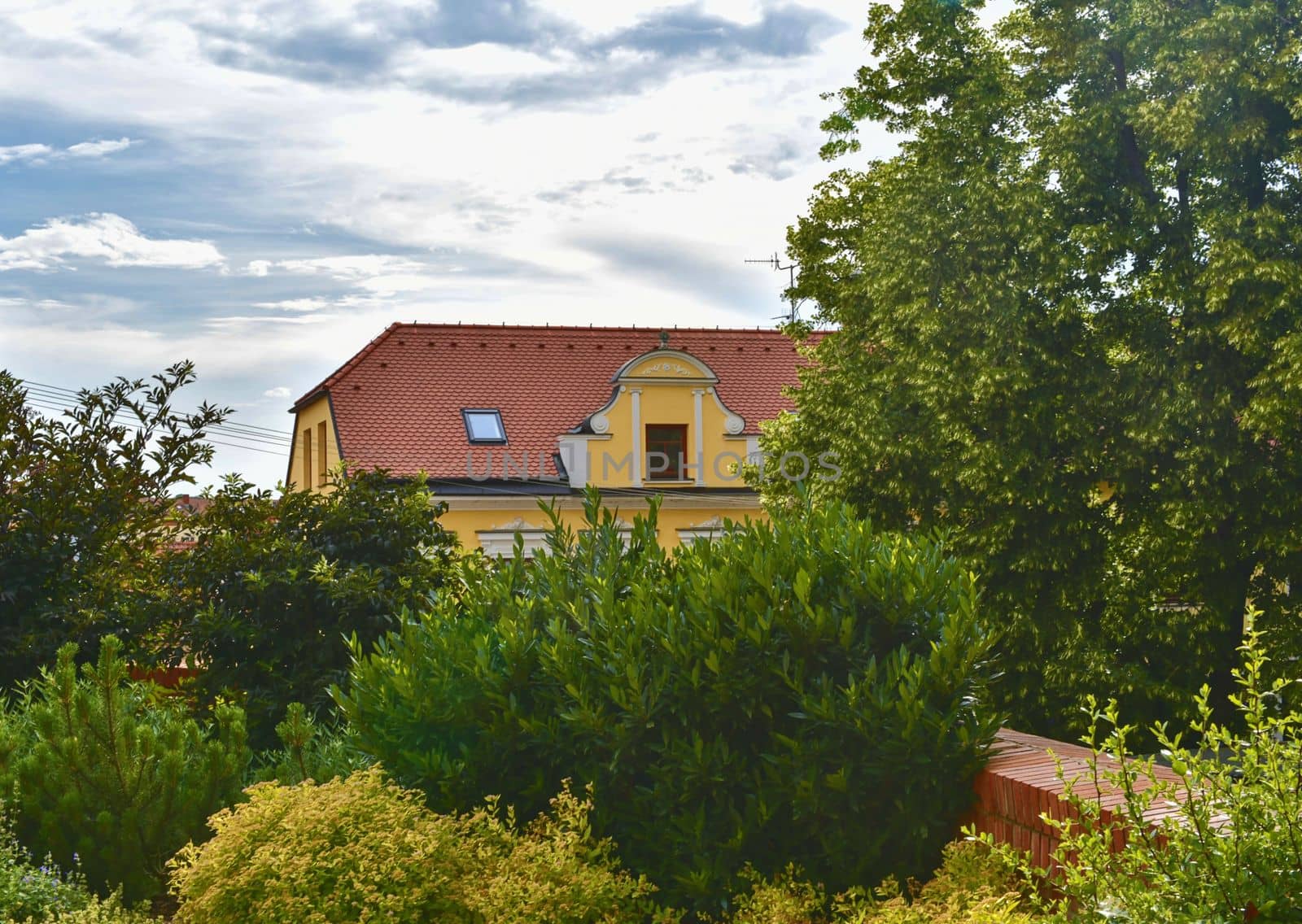 Urban historic background. Soft colors. Flowers and building on background. Selective focus by roman_nerud