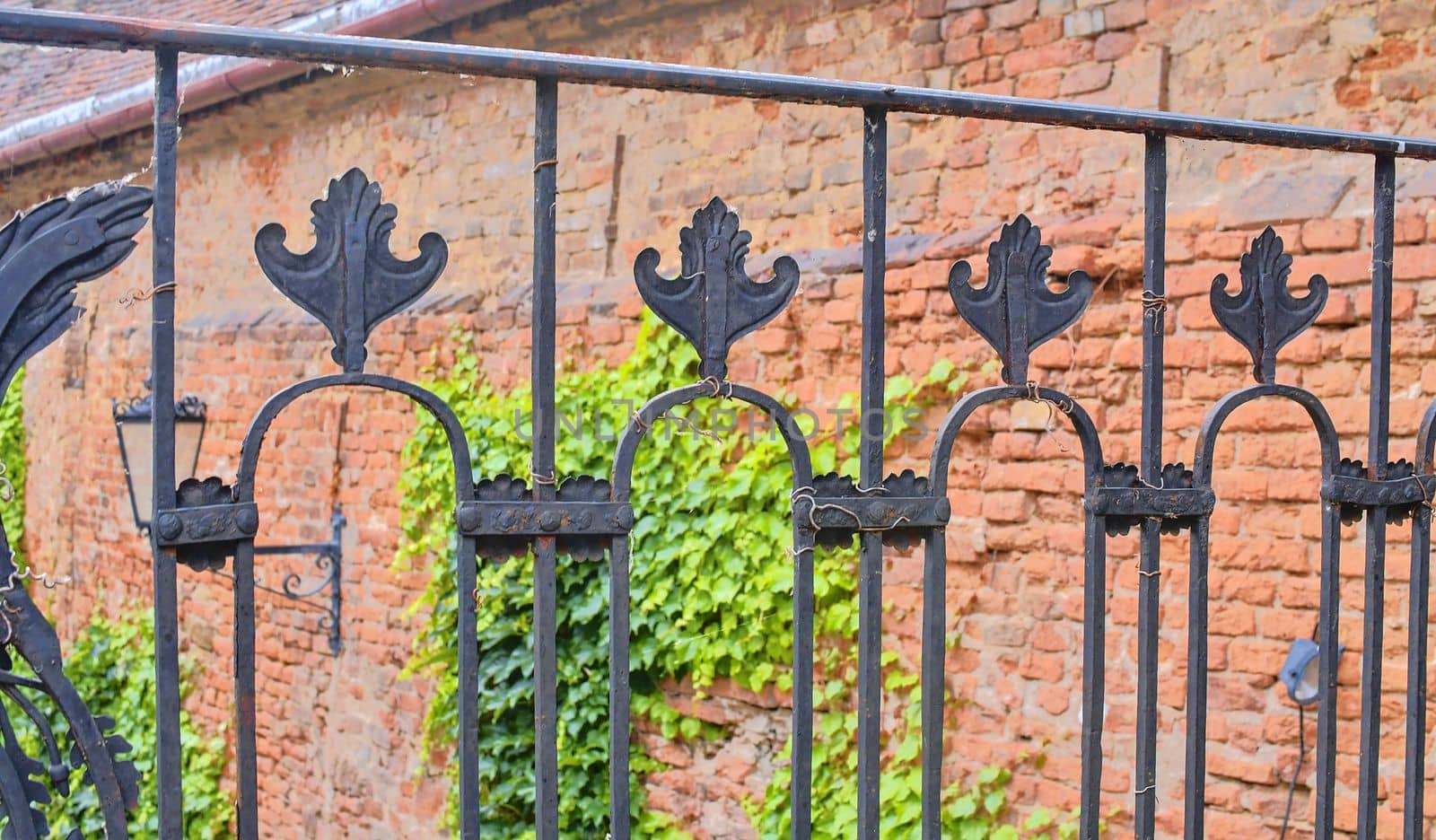 View on romantic scenery through forged banister. Ivy on red brick wall on background. 