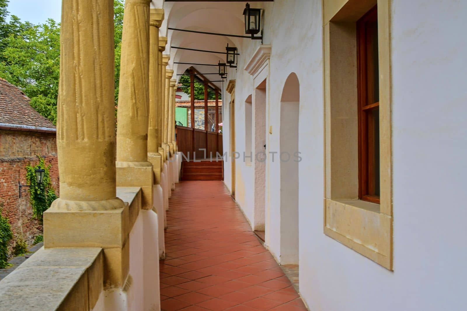 View on romantic urban scenery. Historic urban backyard. Renaissance house with arcades, loggias. Close-up by roman_nerud