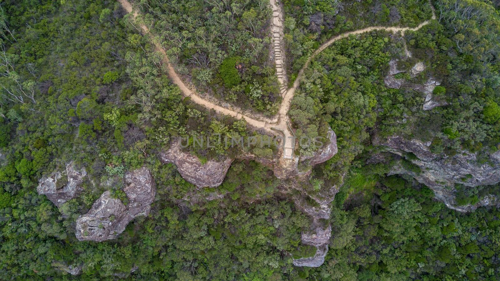 Overhead view of a lookout point and tracks leading in.  Blue Mountains Australia