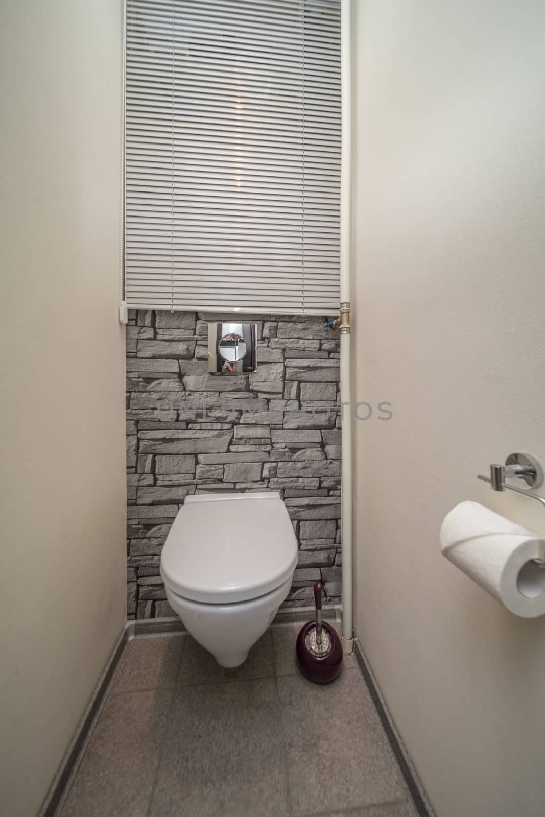 Toilet bowl in the bathroom. Restroom with grey wall decoration