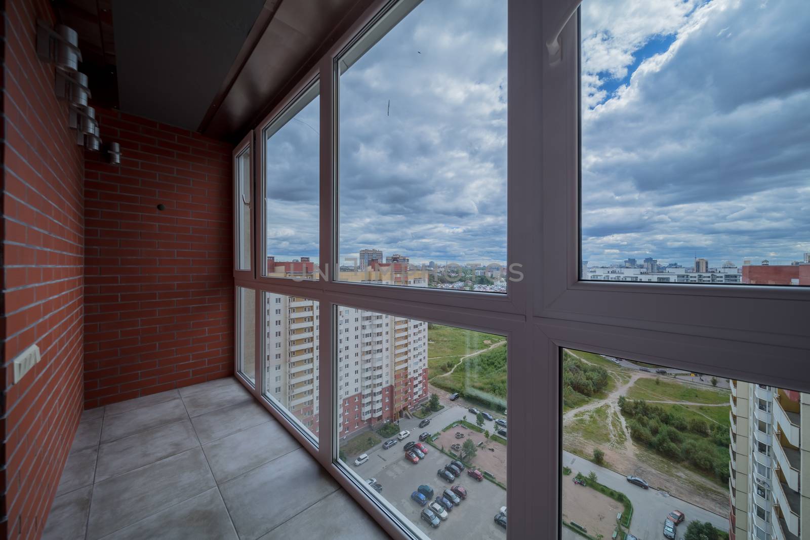 Small balcony interior in modern apartment building