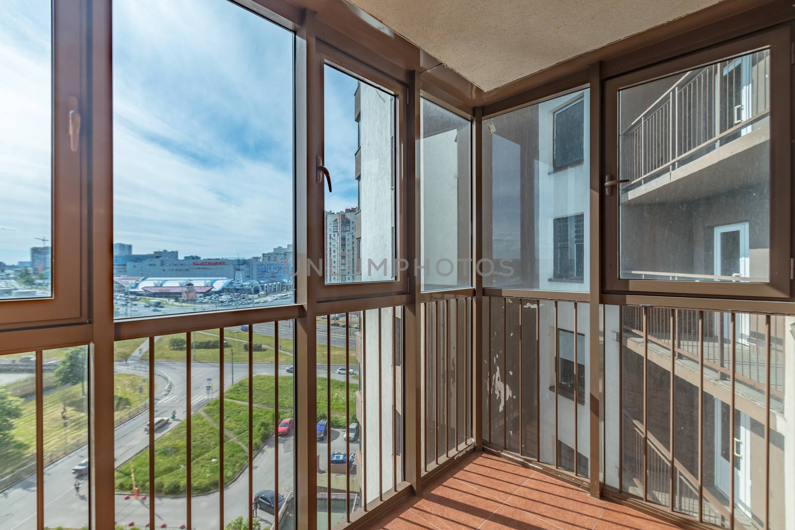 Small balcony interior in modern apartment building