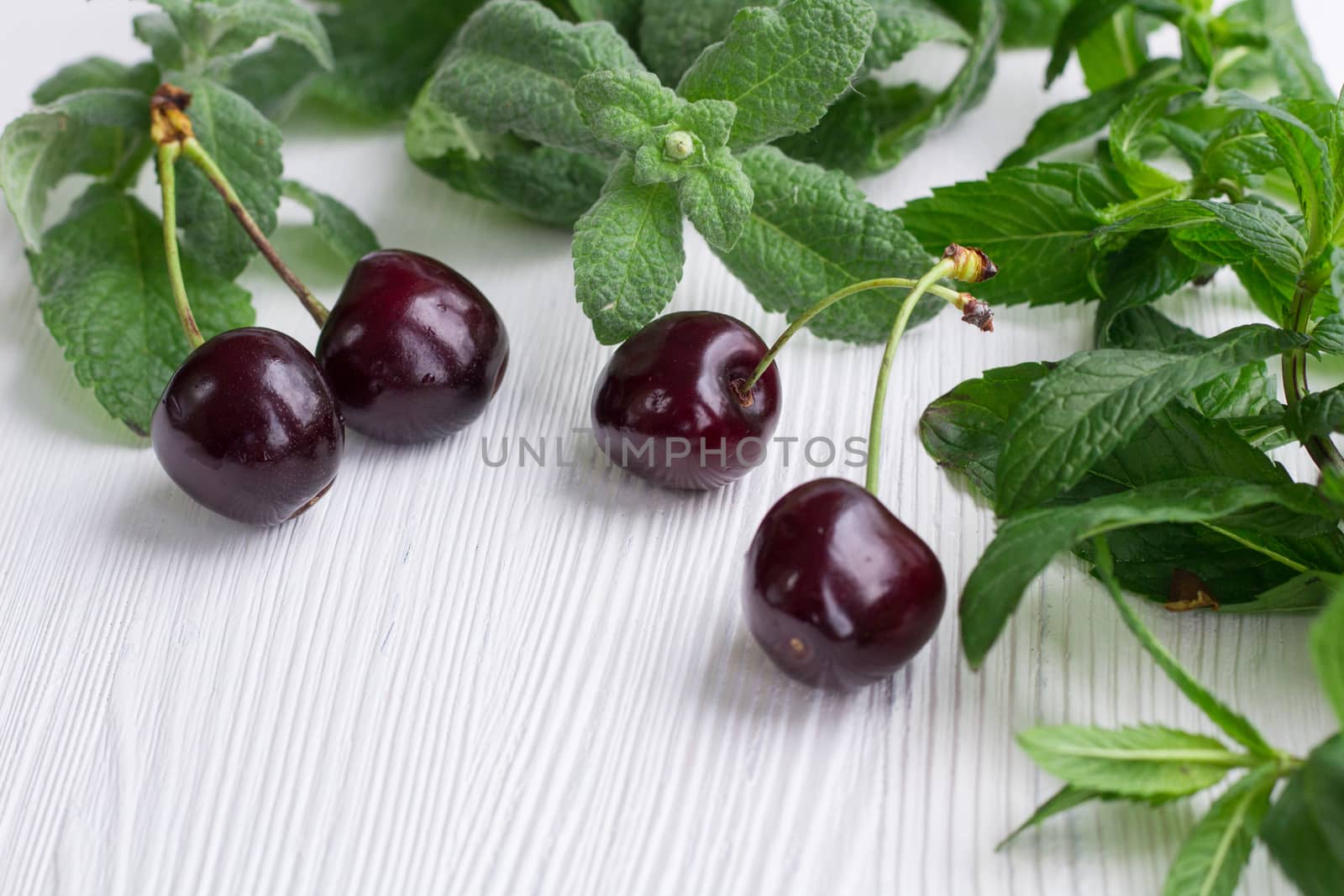 Vinous red cherries with green herbal mix of fresh mint and melissa herbs on white wooden background