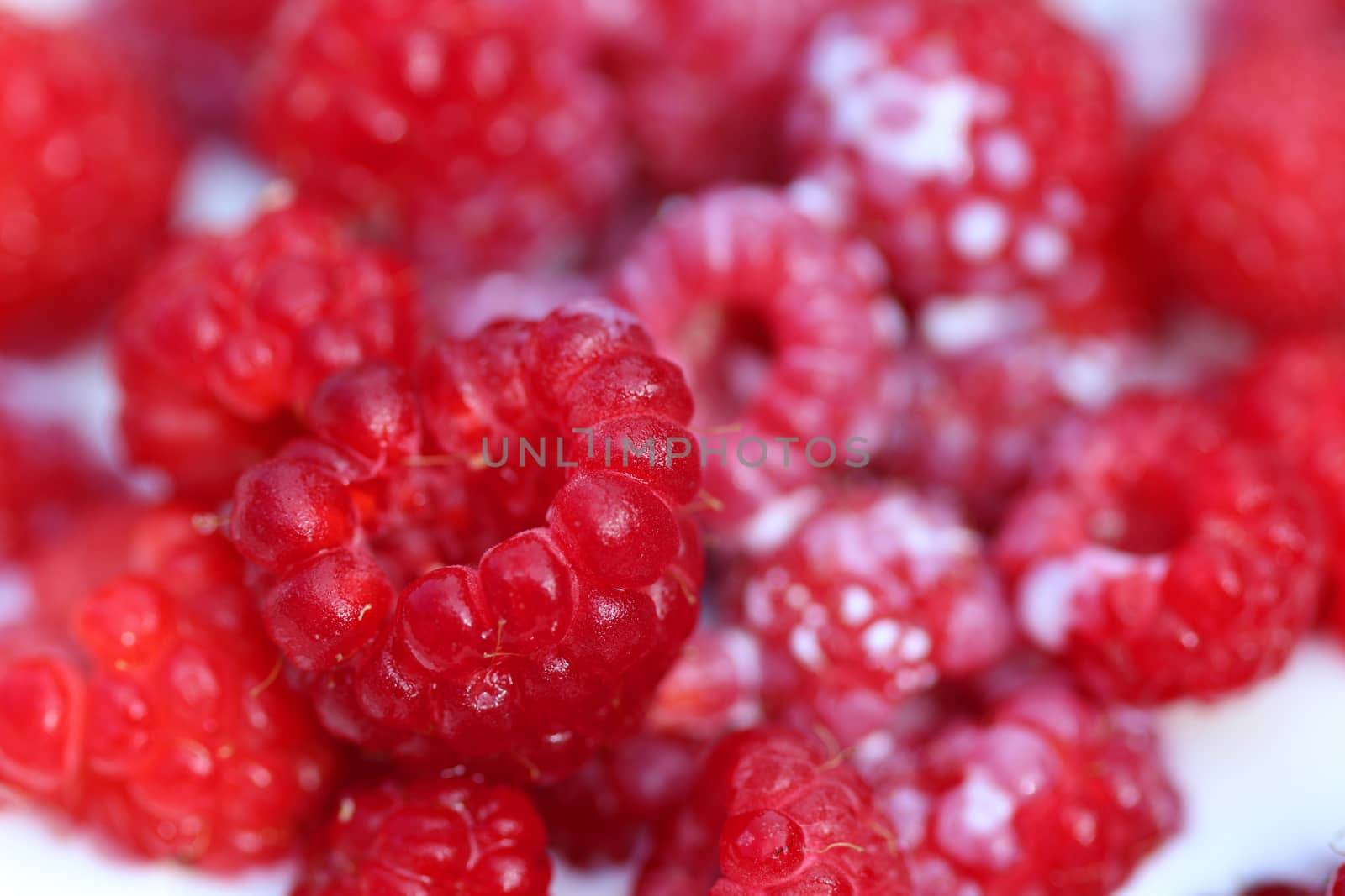 A background of ripe red raspberry with milk