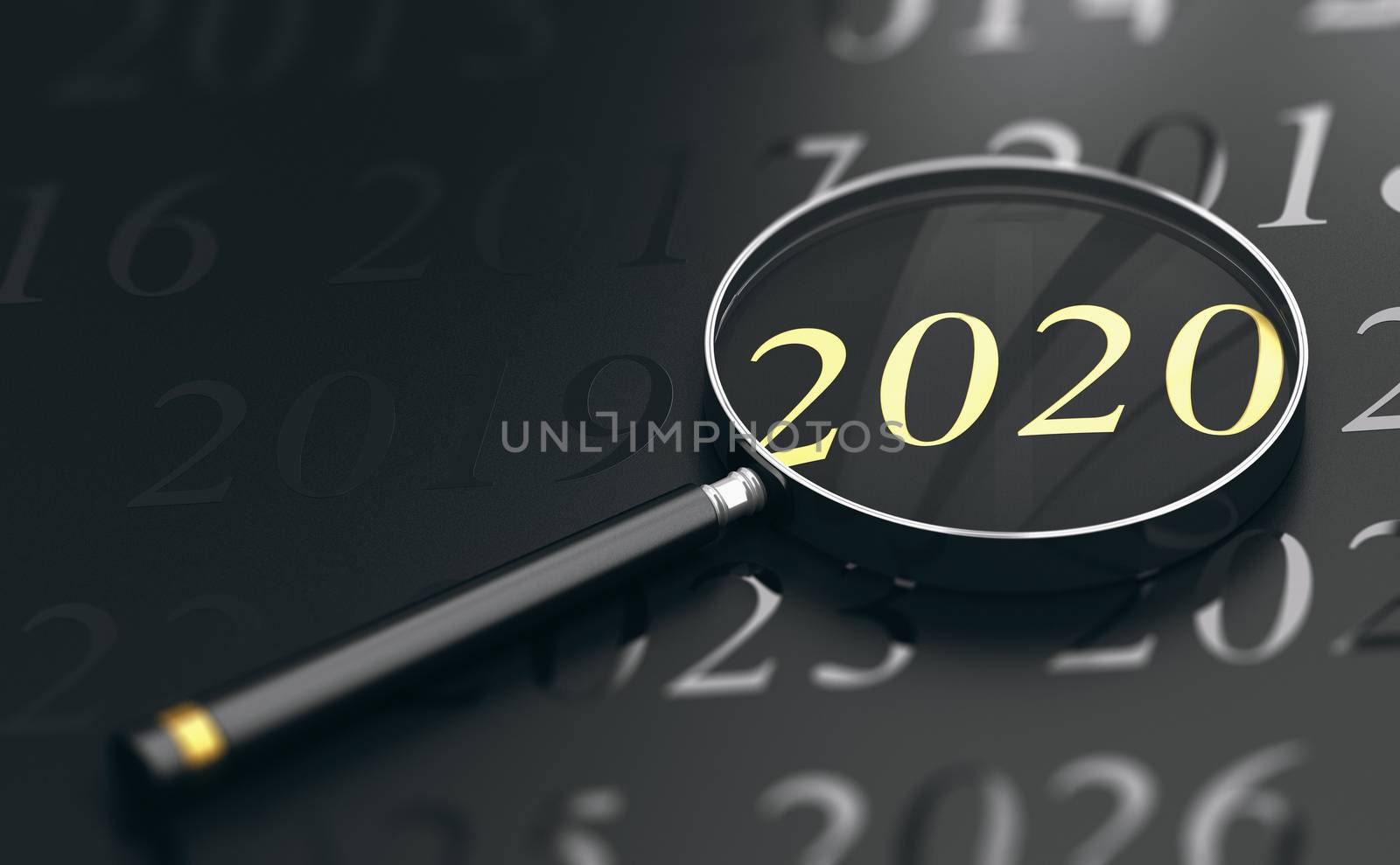 3D illustration of year 2020 written in golden letters and a magnifying glass over black background