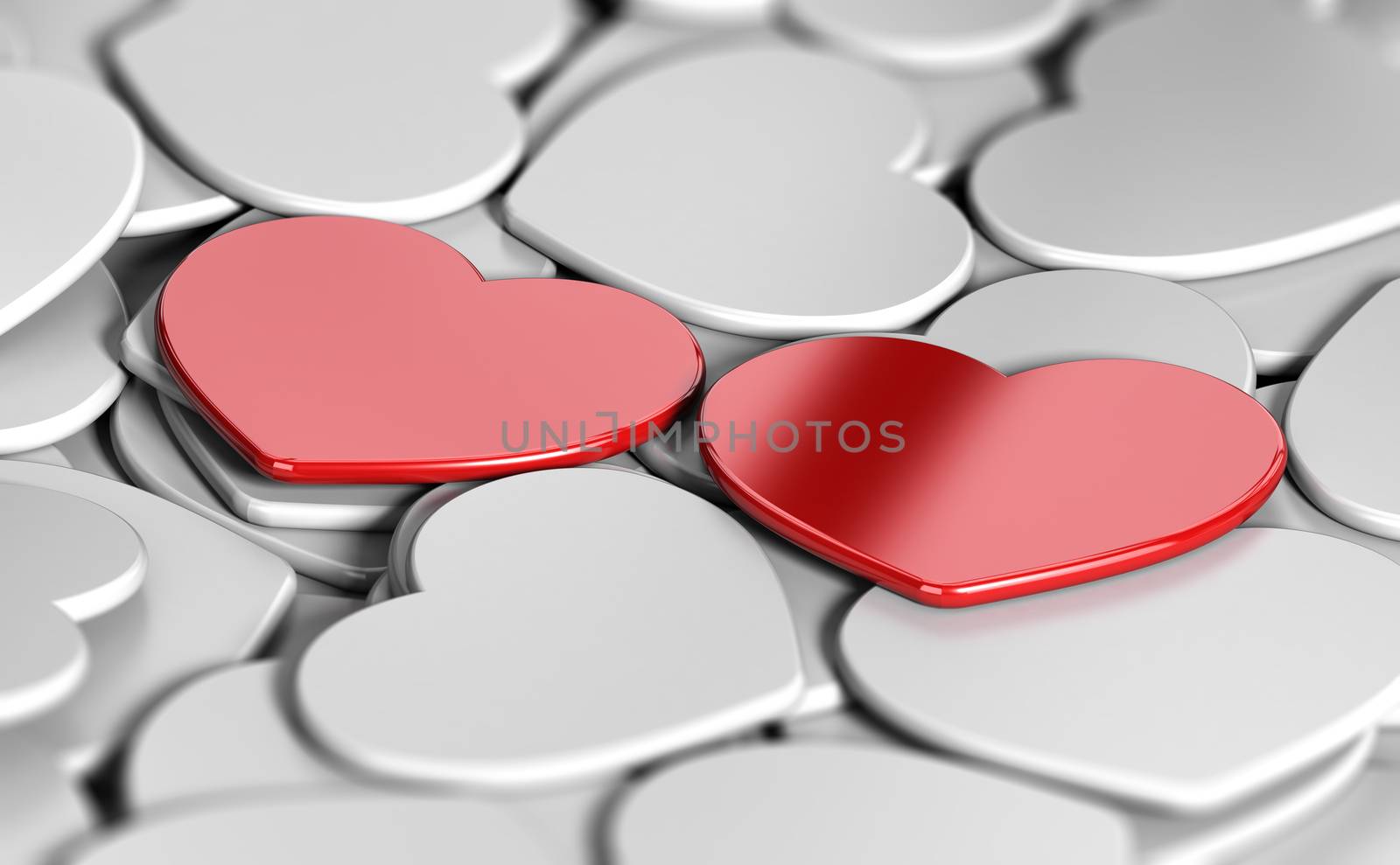 3D illustration of many white heart shapes and two red ones side by side. Abstract concept of love matchmaking