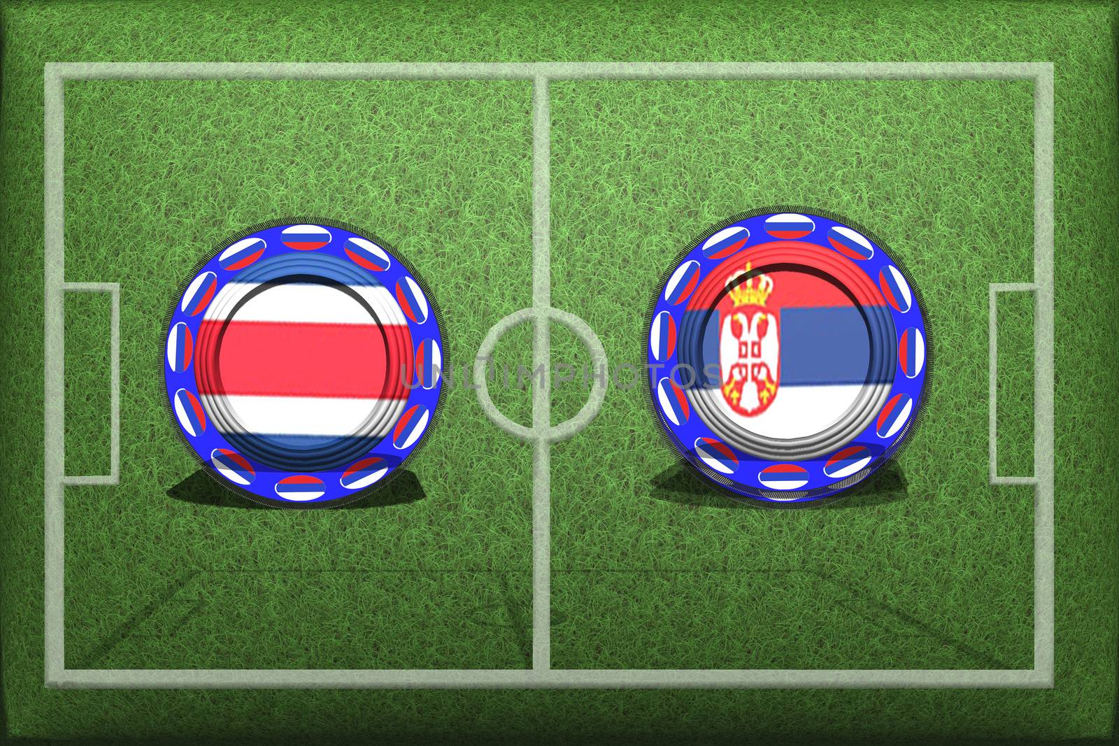 Football, World Cup 2018, Game Group E, Costa Rica - Serbia, Sunday, June 17, Button with national flags on the green grass.