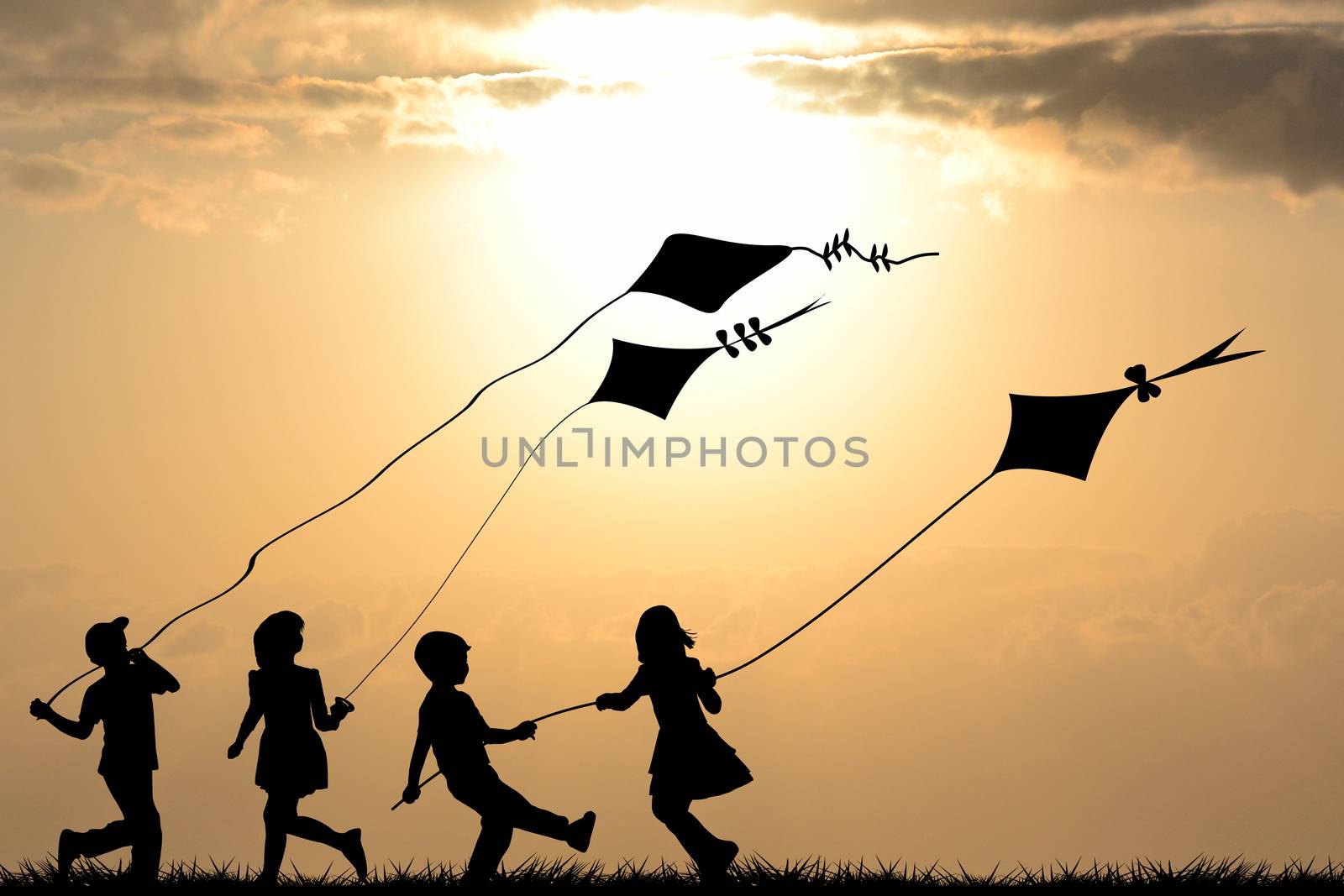 Kids silhouettes playing with kites by hibrida13