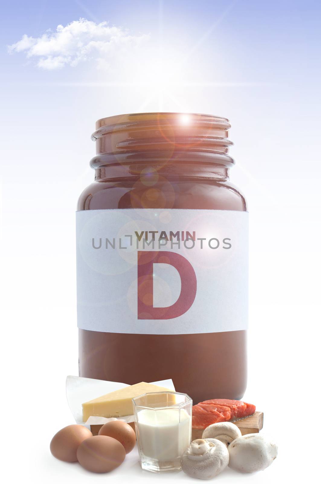 Sunshine pouring out of vitamin d jar over a white background