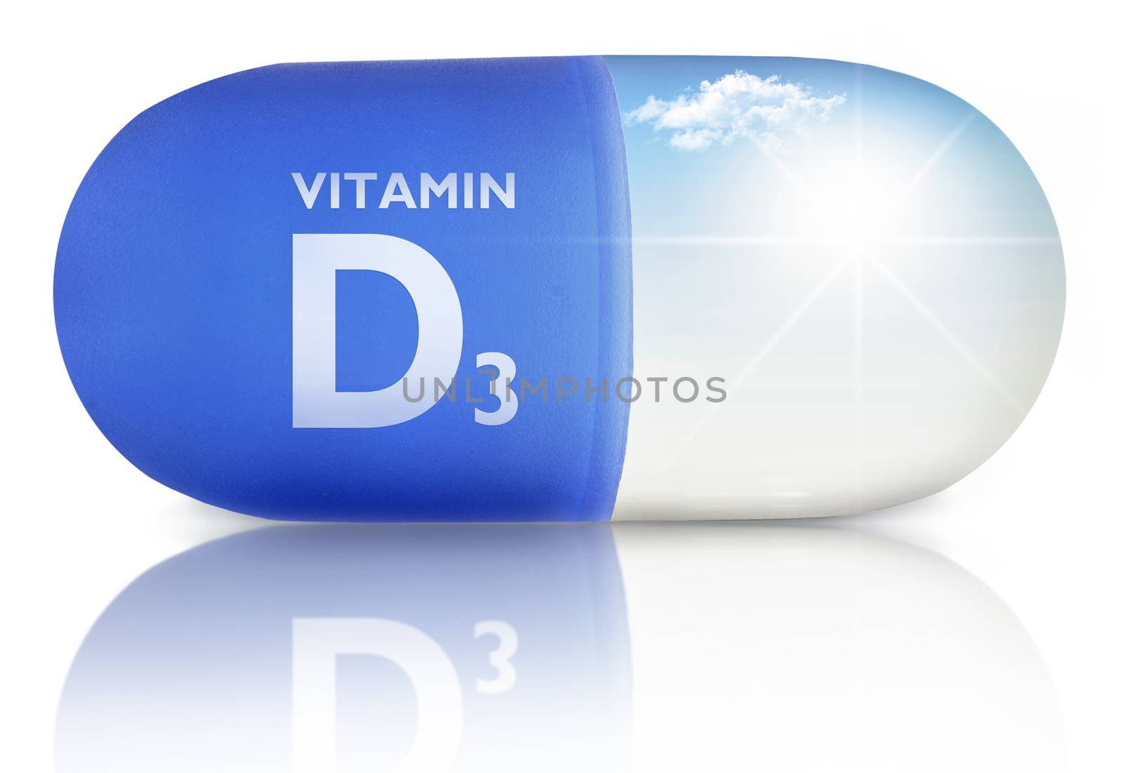 Close up of a pill with vitamin d sunshine inside 