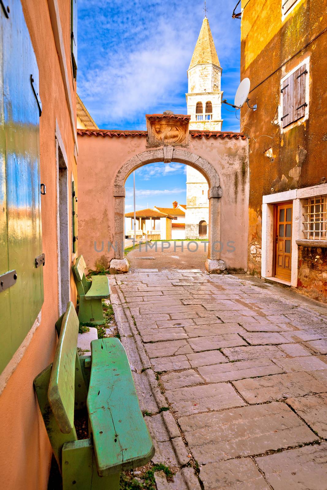 Town of Visnjan stone street square and church vertical view, Istria, Croatia