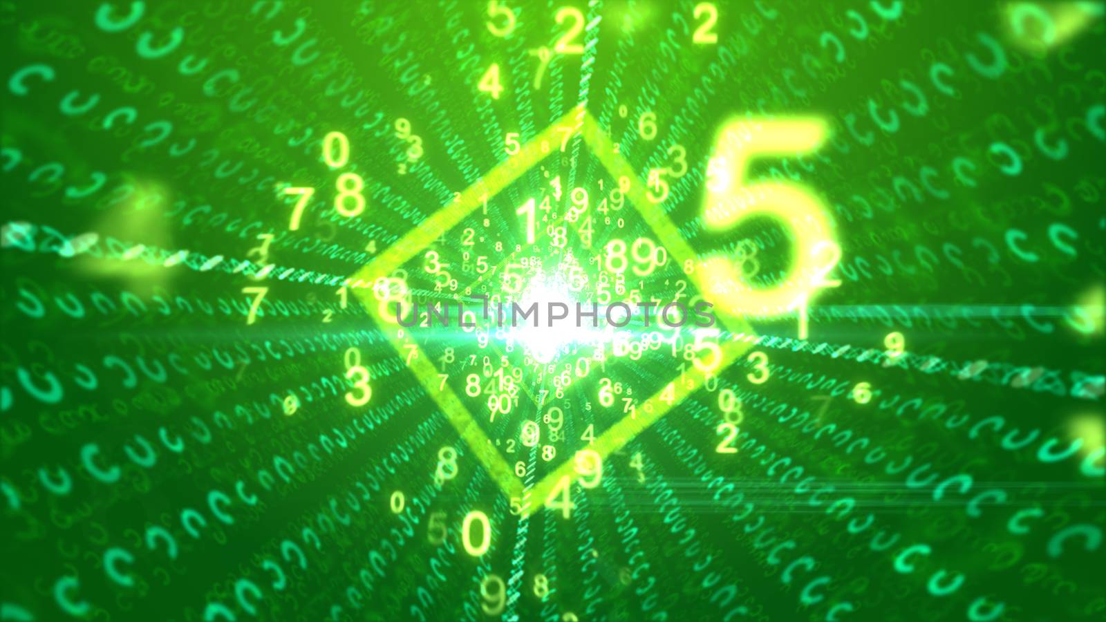 A stimulating 3d rendering of whirling yellow numbers with a big five passing through a cubic tube with a bright center and social media communication lines in the green backdrop. 