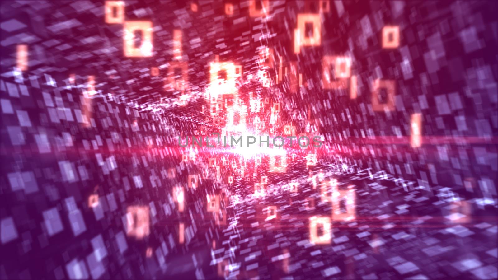 A multidimensional 3d illustration of rushing white zeroes and ones going through a rhomboid passageway put aslant with lines of shining squares in the dark violet background. 