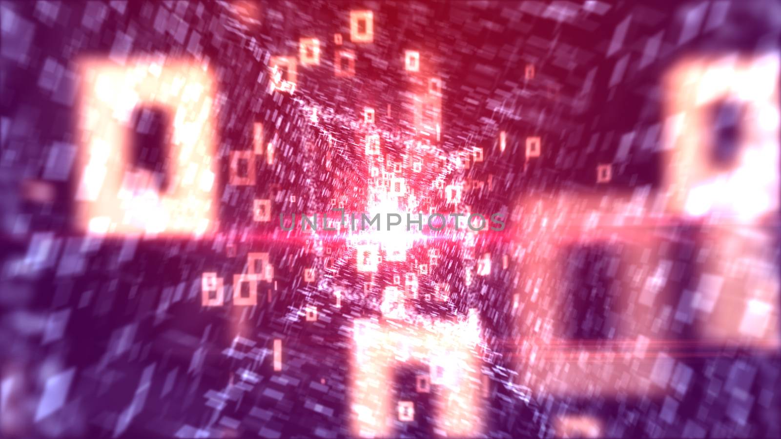A volumetric 3d illustration of soaring white zeroes and ones going through a rhombus shaped pipeline put askew with stripes of shimmering spots in the violet background. 