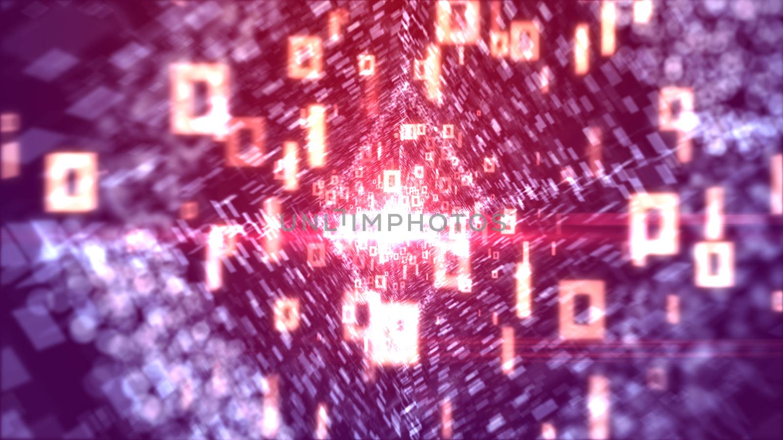 A holographic 3d illustration of flying white zeroes and ones spinning through a vertical rhombus shaped tunnel with lines of shining spots in the violet background. 