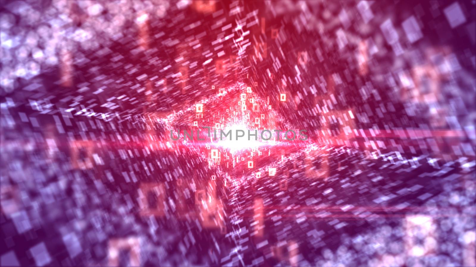 An innovative 3d illustration of dashing white zeroes and ones going through a rhomboid pipeline looking like an all-seeing and powerful media eye in the violet background. 