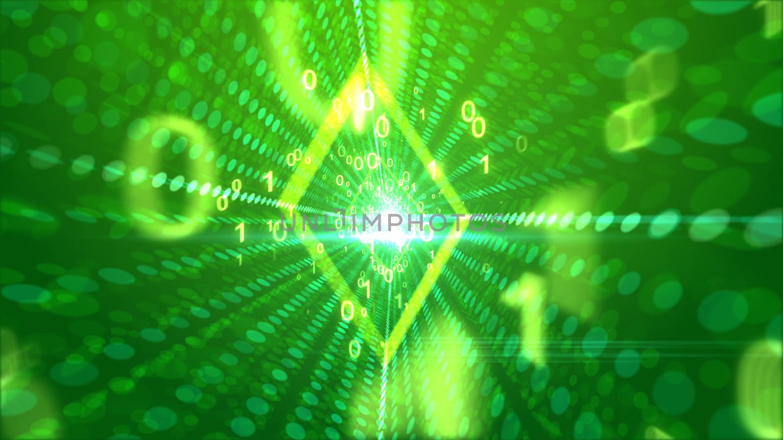 A merry 3d illustration of flying yellow zeroes and ones presenting a cheerful memo going through a rhombus portal in the light green backdrop with glitzy dotty lines. 