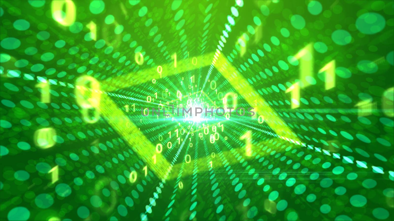 A positive 3d illustration of soaring golden zeroes and ones going through a rhomboid portal looking like a smiling all-seeing media eye in the green background with dotty lines. 