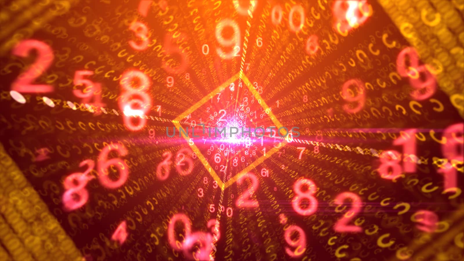 A happy 3drendering of dancing pink and yellow numbers passing through a square golden tunnel with sparkling center and optimistic media beams in the purple backdrop. 