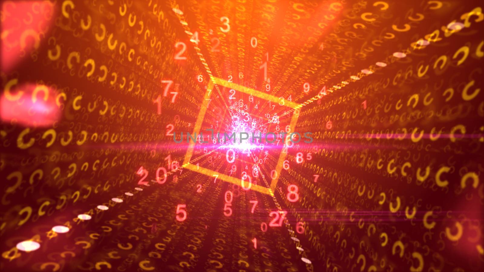 A hilarious 3drendering of dancing pink and yellow numbers passing through a square golden portal with shining center and optimistic media rays in the purple backdrop. 