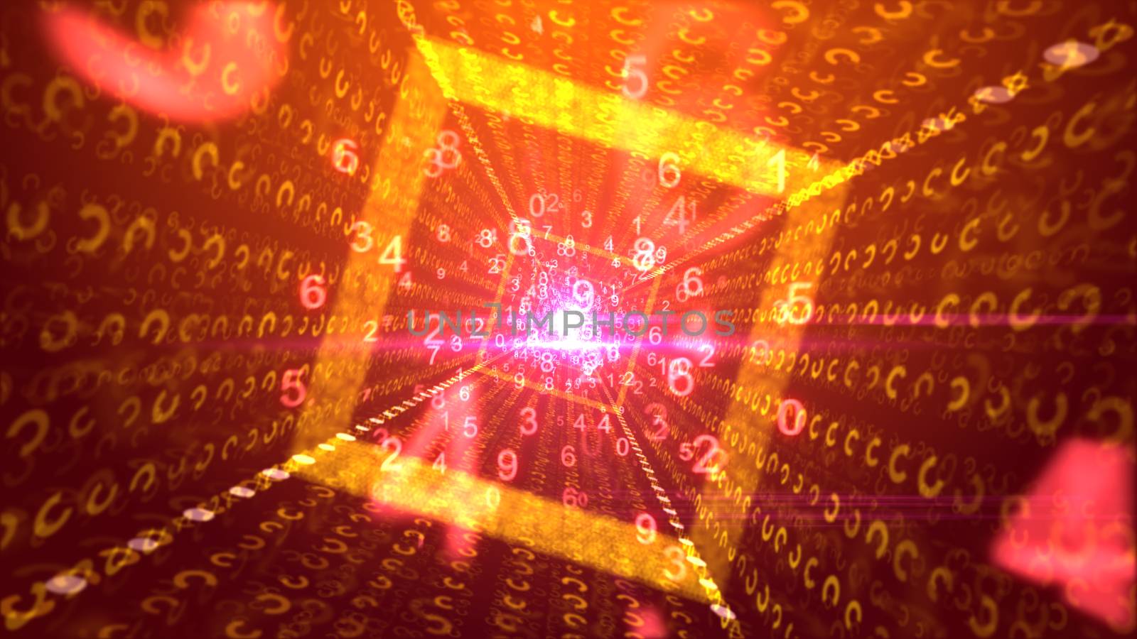 An enjoyable 3d  rendering of whirling pink and yellow digits passing through a square golden tunnel with sparkling plasma middle and jolly media beams in the purple backdrop. 