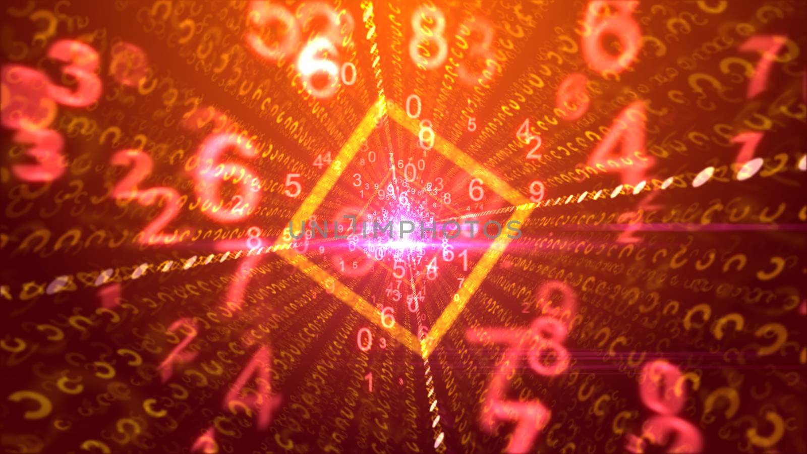 A joyful 3illustration of spinning pink and yellow numbers going through a square golden portal with glitzy plasma middle and cheerful media beams in the purple backdrop. 
