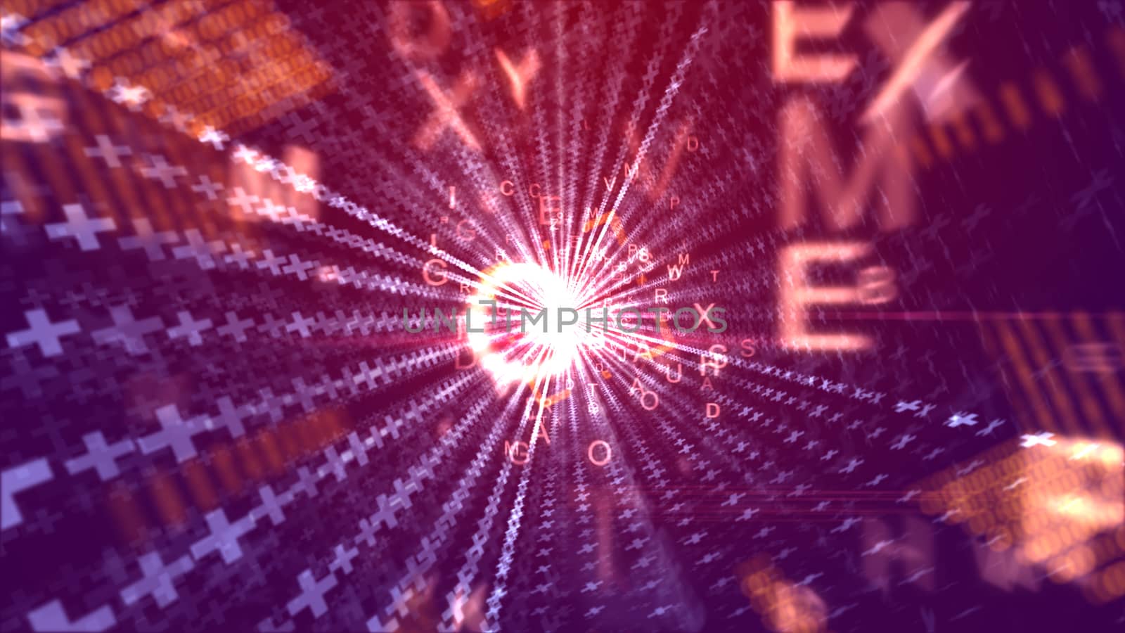 An incredible 3d illustration of rushing yellow digits going through a square tunnel looking like a computer world portal with lines of crosses and a plasma center in the violet backdrop. 