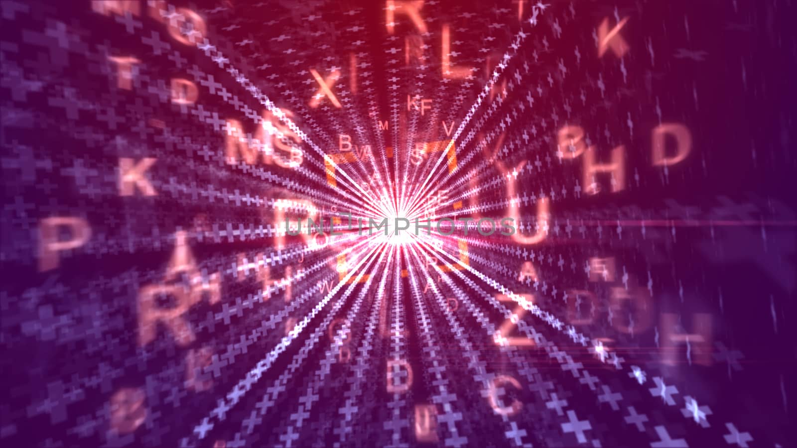 A striking 3d illustration of surging yellow digits moving in a square passage looking like a pc tunnel with stripes of crosses and a sunny middle in the violet background